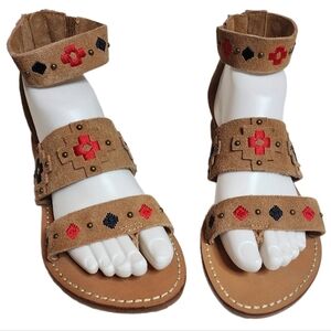 SOLUDOS Embroidered Suede Tan Brown Red Sandals Size 7 New